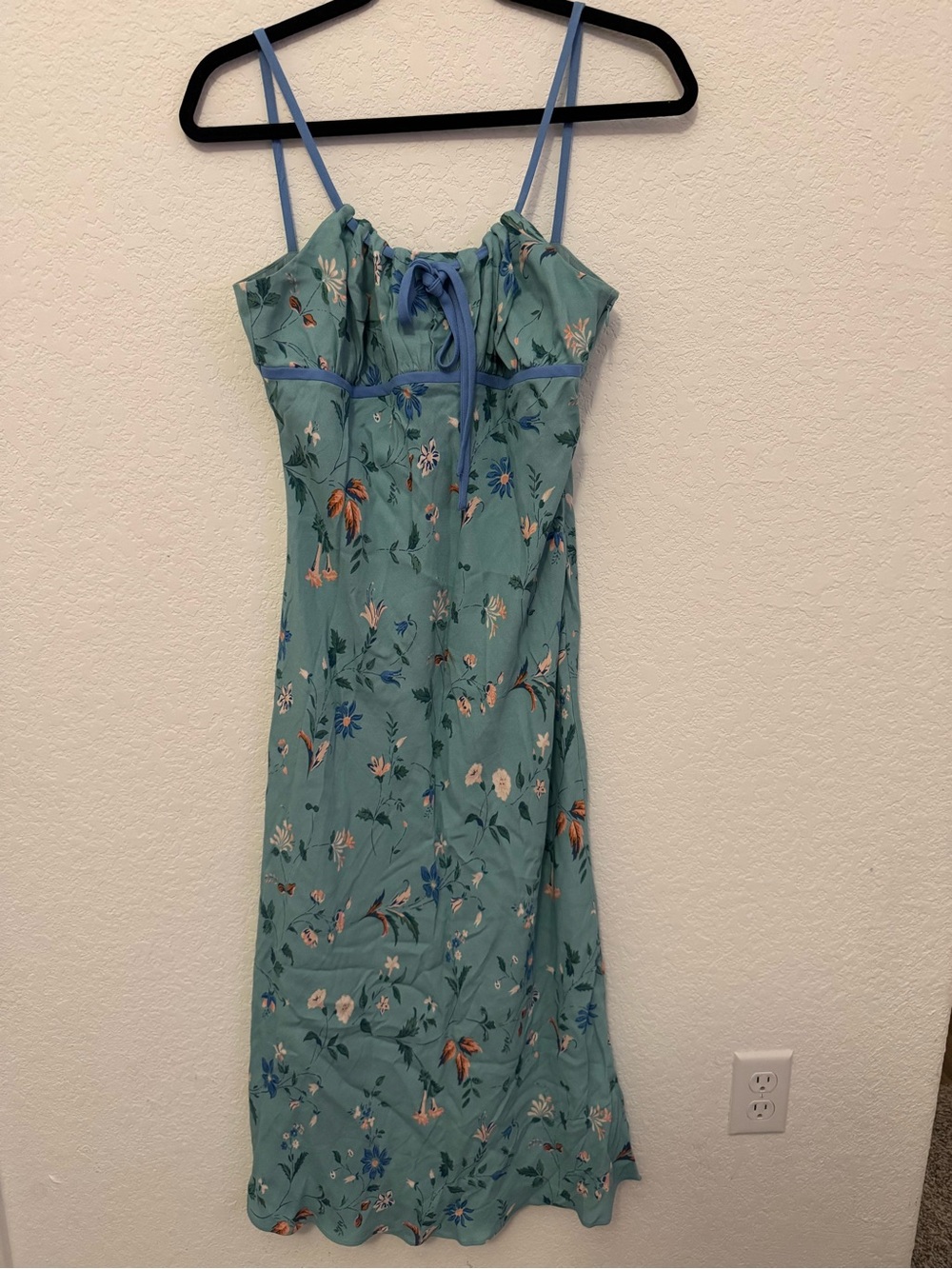 Reformation Seafoam Floral Dress with Blue Tie